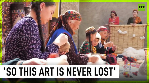 Craftswomen weave woolen carpets using ancient methods in Turkmenistan