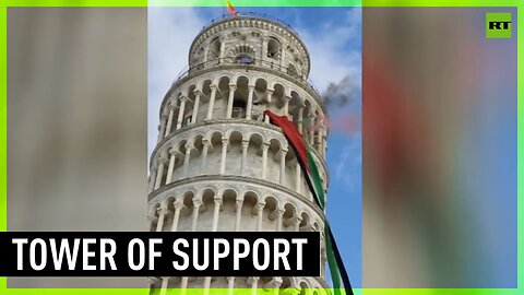 Enormous Palestinian flag flies from the Pisa Tower