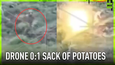 Russian soldier mashes Ukrainian drone with... sack of potatoes