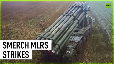 Smerch multiple launch rocket system shoots 300mm artillery rockets