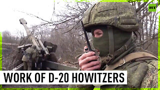 D-20 152mm towed howitzers fire at military targets