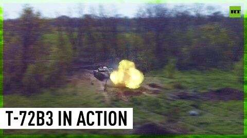 T-72B3 tanks fire at Ukrainian forces' positions in the LPR