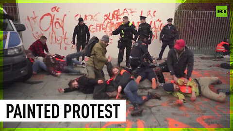 Paint-covered demonstrators dragged away by cops in Berlin climate protest