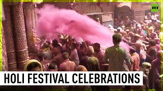 Colorful Holi festival celebrated in Vrindavan, India