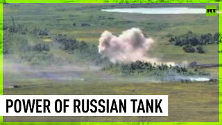 Russian tank stands against seven Ukrainian vehicles