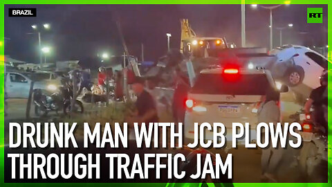 Drunk man with JCB plows through traffic jam