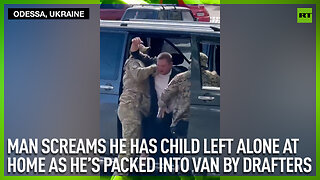 Man screams he has child left alone at home as he's packed into van by drafters