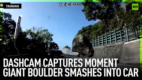 Dashcam captures moment giant boulder smashes into car