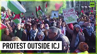 Protesters gather outside ICJ following Gaza case announcement