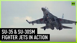 Su-35 and Su-30SM fighter jets strike enemy strongholds