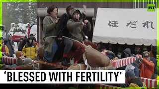 Women in Nagaoka, Japan ride a giant wooden phallus as part of the Hodare Festival