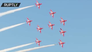 The UK's Royal Air Force aerobatic team, the Red Arrows, performs for the G7 leaders in Cornwall