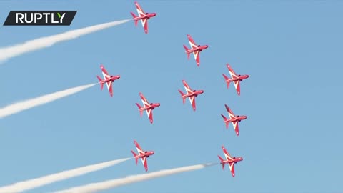 The UK's Royal Air Force aerobatic team, the Red Arrows, performs for the G7 leaders in Cornwall