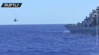 Russian Pacific Fleet ships and helicopters hold drills in the Pacific Ocean