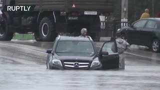 Streets of Kerch, in Crimea, heavily flooded due to rainfall