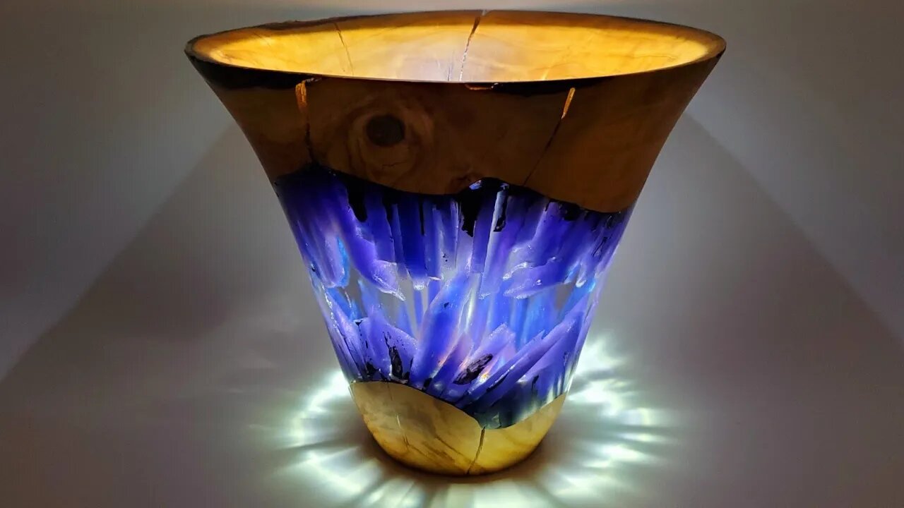 Crystal Cave Cracked blue resin, clear resin and cherry wood vase, turned on the lathe. O.U.R.