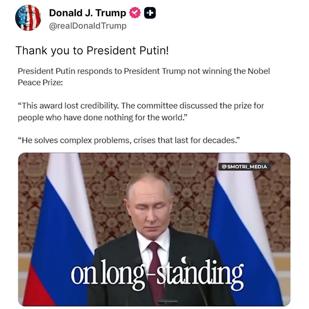 🚨 JUST IN: President Trump THANKS Vladimir Putin after he said the Nobel...