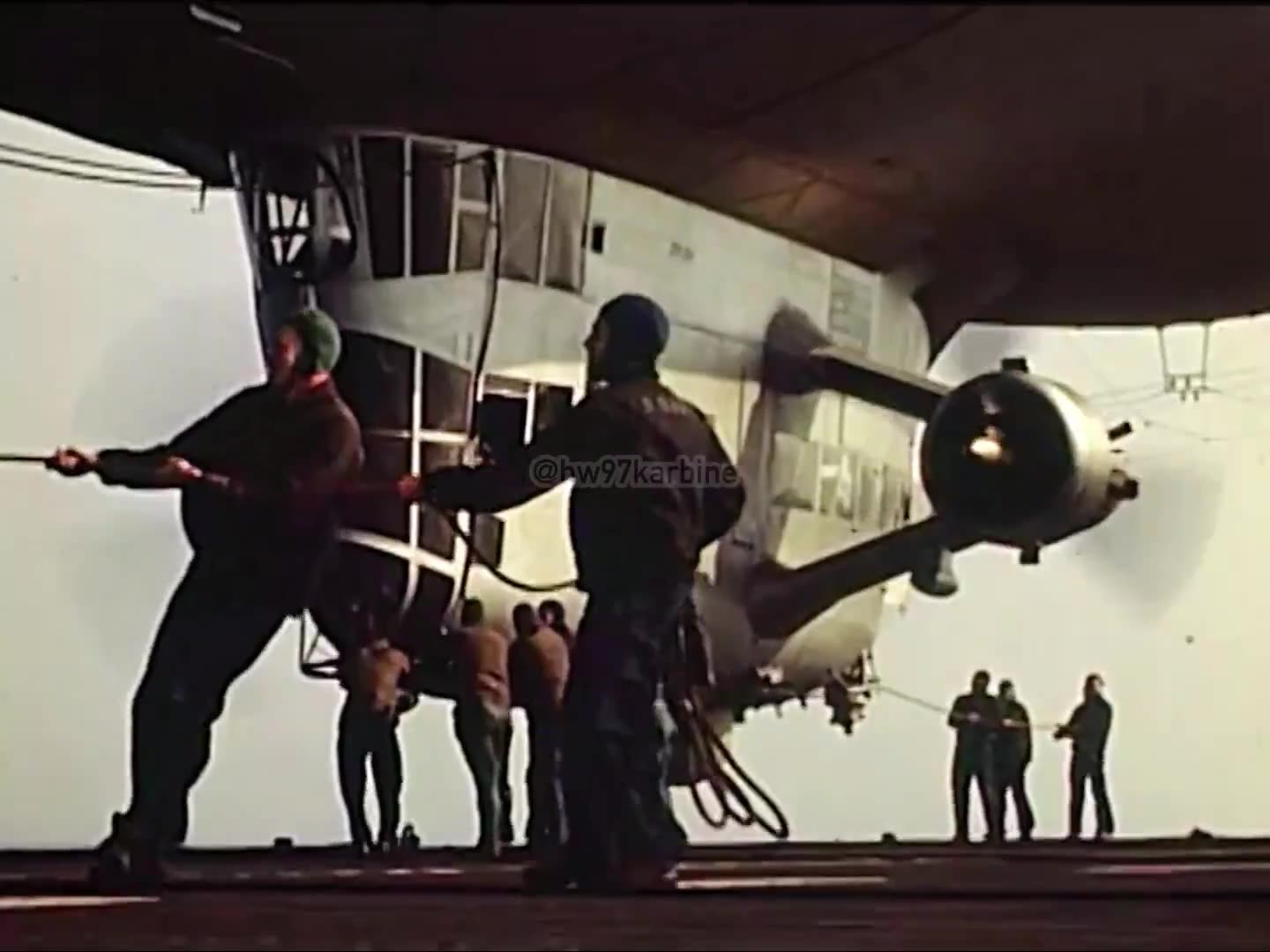 1950 Original color footage of a US Navy Airship Early Warning Squadron 2 K-class blimp landing