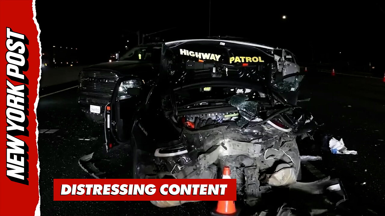 Wild Moment Tesla Slams Into Patrol Car, Seriously Injuring Two Officers thumbnail
