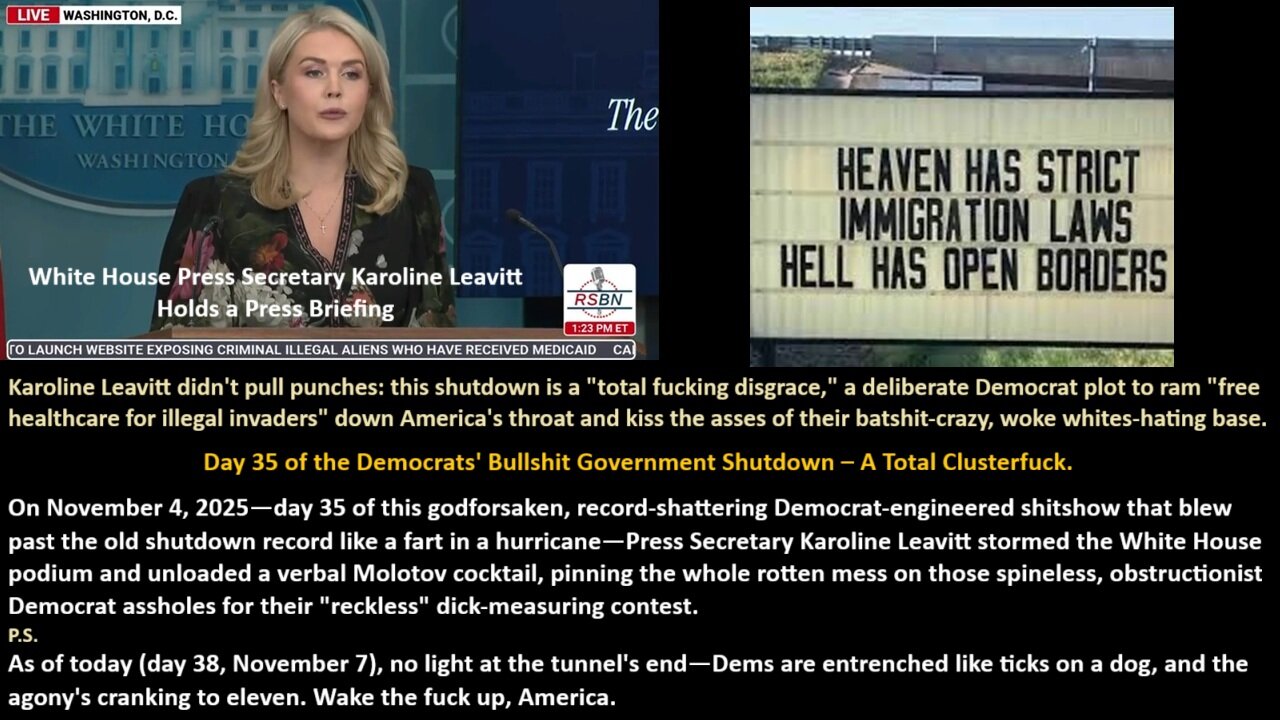 Karoline Leavitt: this shutdown is a total fucking disgrace, a Democrat plot to ram free healthcare for illegal invaders down Americas throat and kiss the asses of their batshit-crazy, woke whites-hating base.