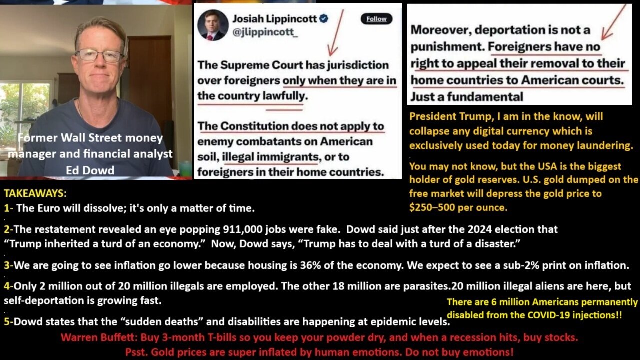 Ed Dowd: The Euro will dissolve; its only a matter of time. We are going to see inflation go lower. Only 2 million out of 20 million illegals are employed, They are now self-deporting. There are 6 million Americans permanently disabled from CV19 JAB