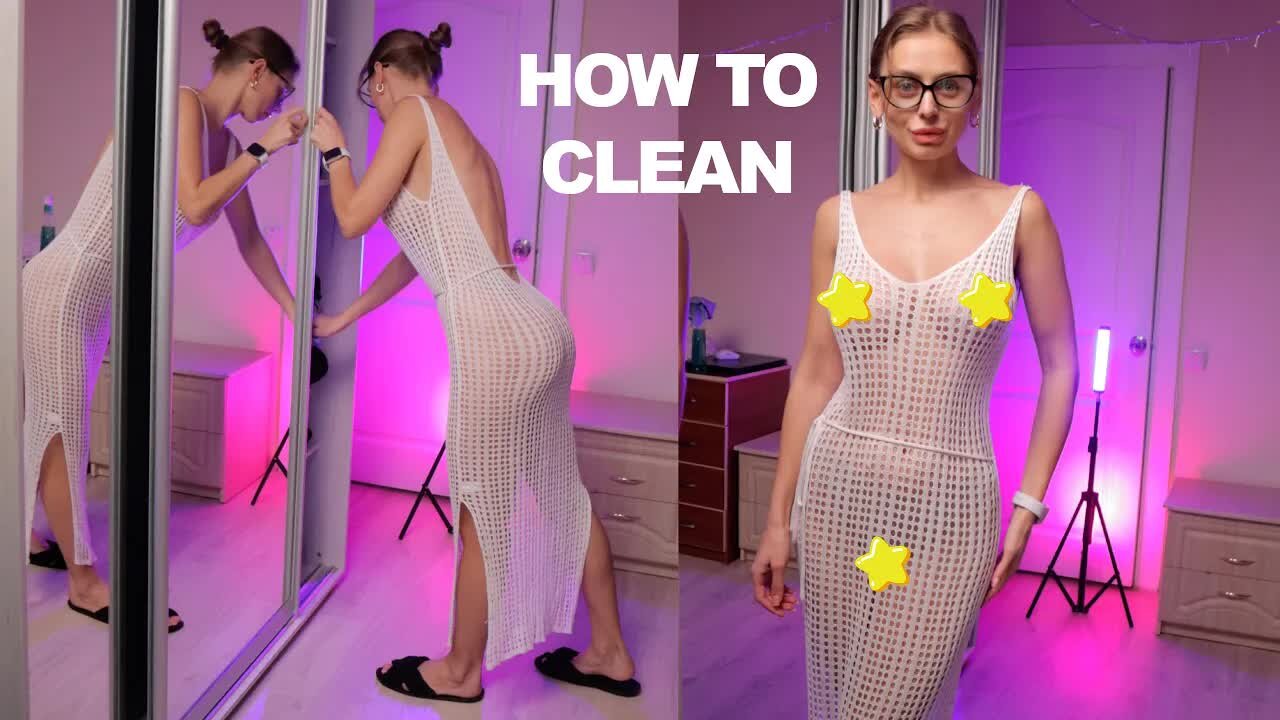 ❤️ [4K] Transparent mirror cleaning with Tina in a white dress.