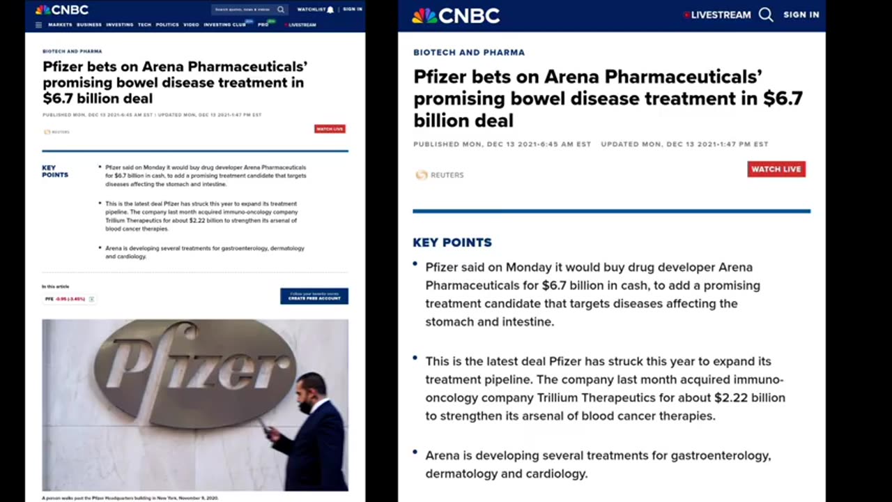 Pfizer buying ＂Arena Inc＂ to treat immuno-inflammatory diseases from Covid-19 vaccine