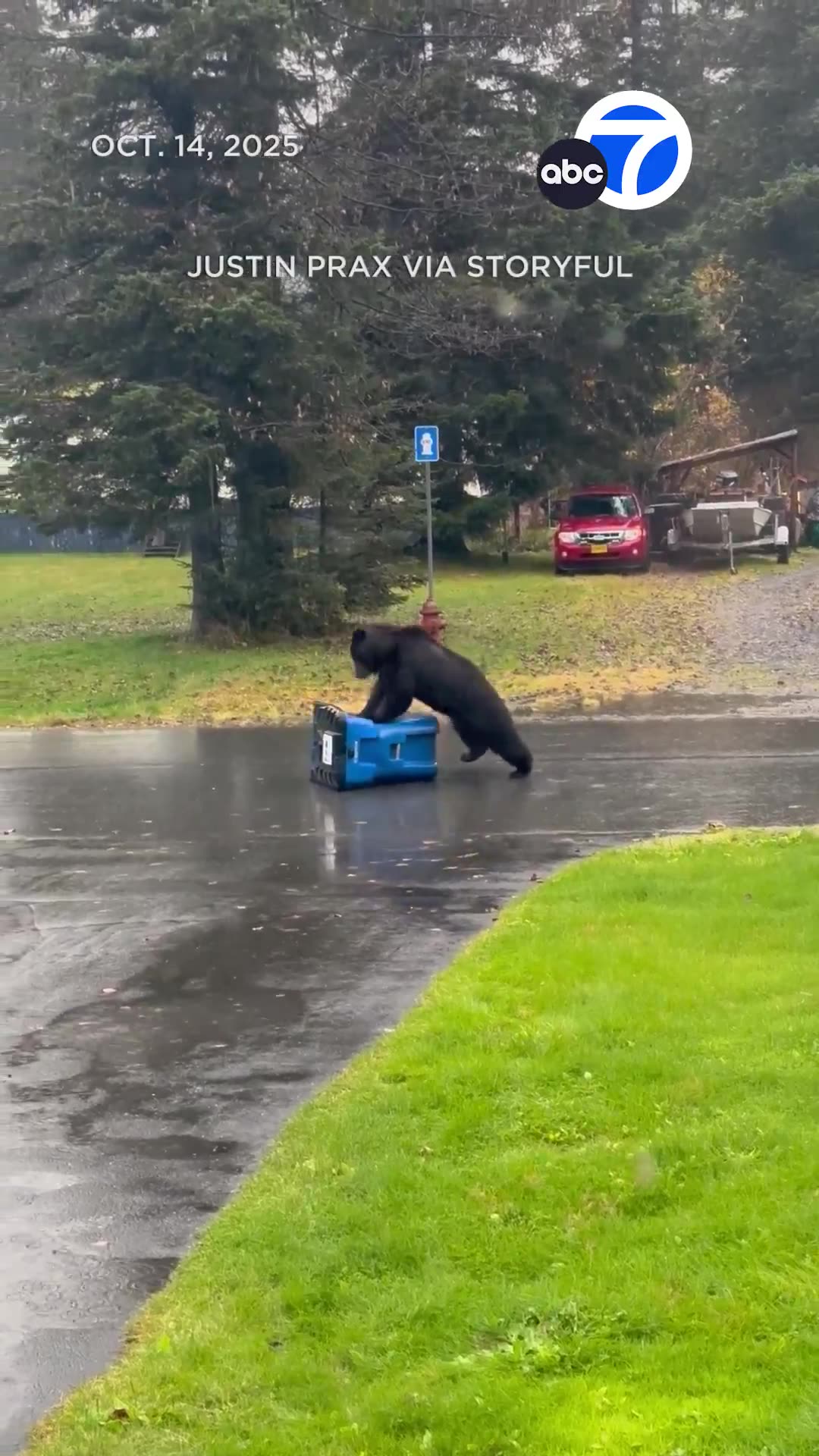 A bear took its frustration🤣 out on a bear-proof trash can outside a home in Alaska by bashing the container !
