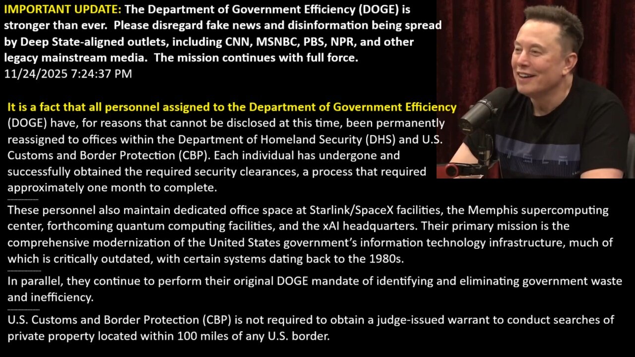 IMPORTANT: DOGE is stronger than ever. Please disregard fake news and disinformation being spread by Deep State-aligned outlets, including CNN, MSNBC, PBS, NPR, and other legacy mainstream media. The mission continues with full force.