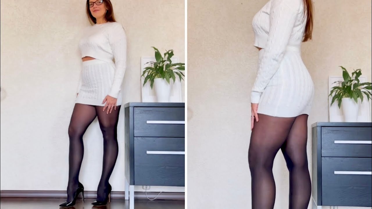 CONTRAST ELEGANCE! ⚪⚫ Katherine: White Mini Skirt & Black Hosiery Styling