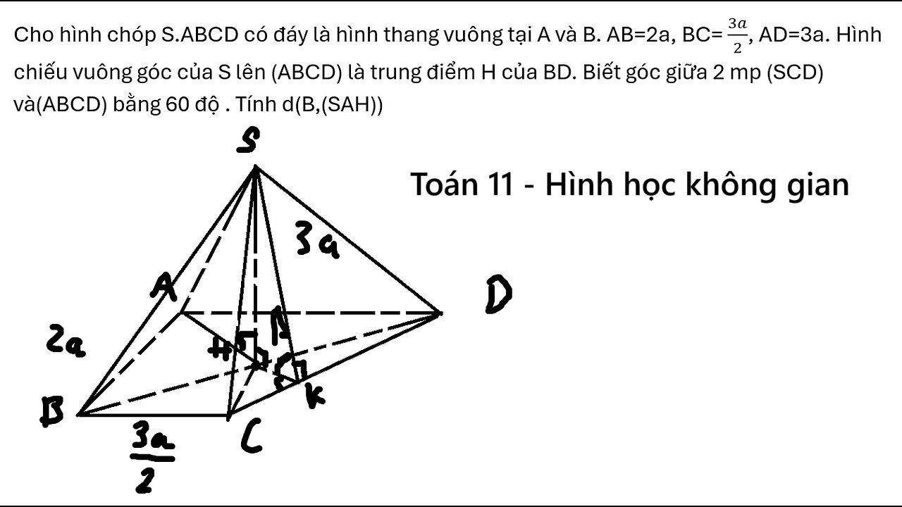 Toán 11: Cho hình chóp S.ABCD có đáy là hình thang vuông tại A và B. AB=2a, BC= 3a/2, AD=3a.