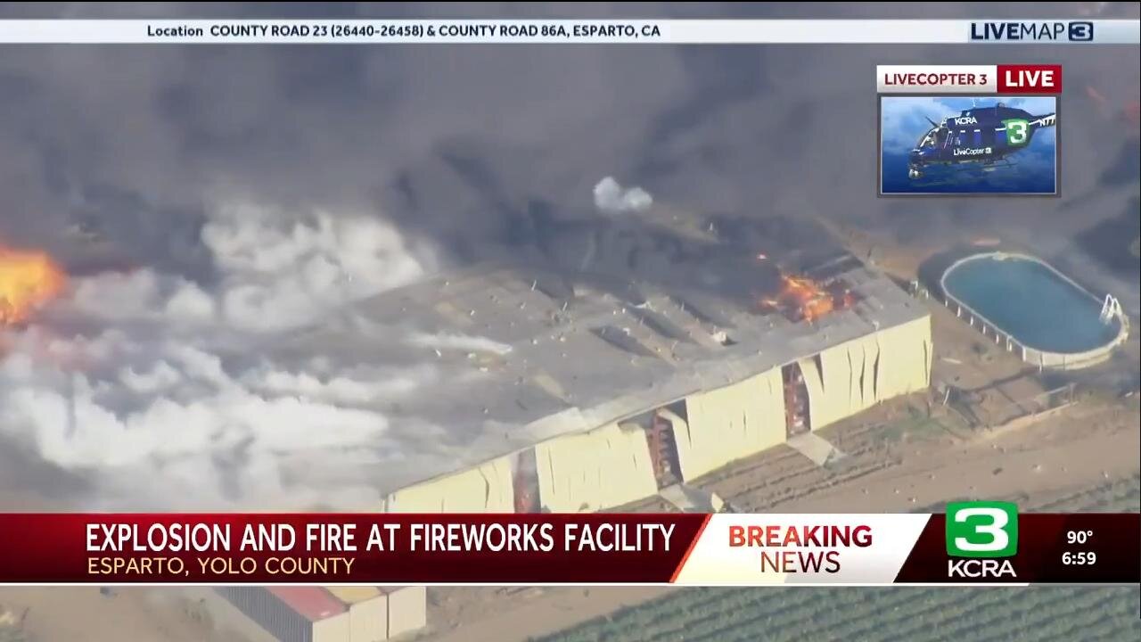 BREAKING: Massive explosion at fireworks warehouse in Yolo County, CA - caught on live TV (Last night 7.01.25)