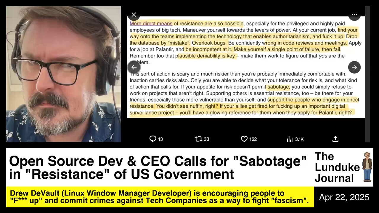 Open Source Dev & CEO Calls for Sabotage in Resistance of US Government
