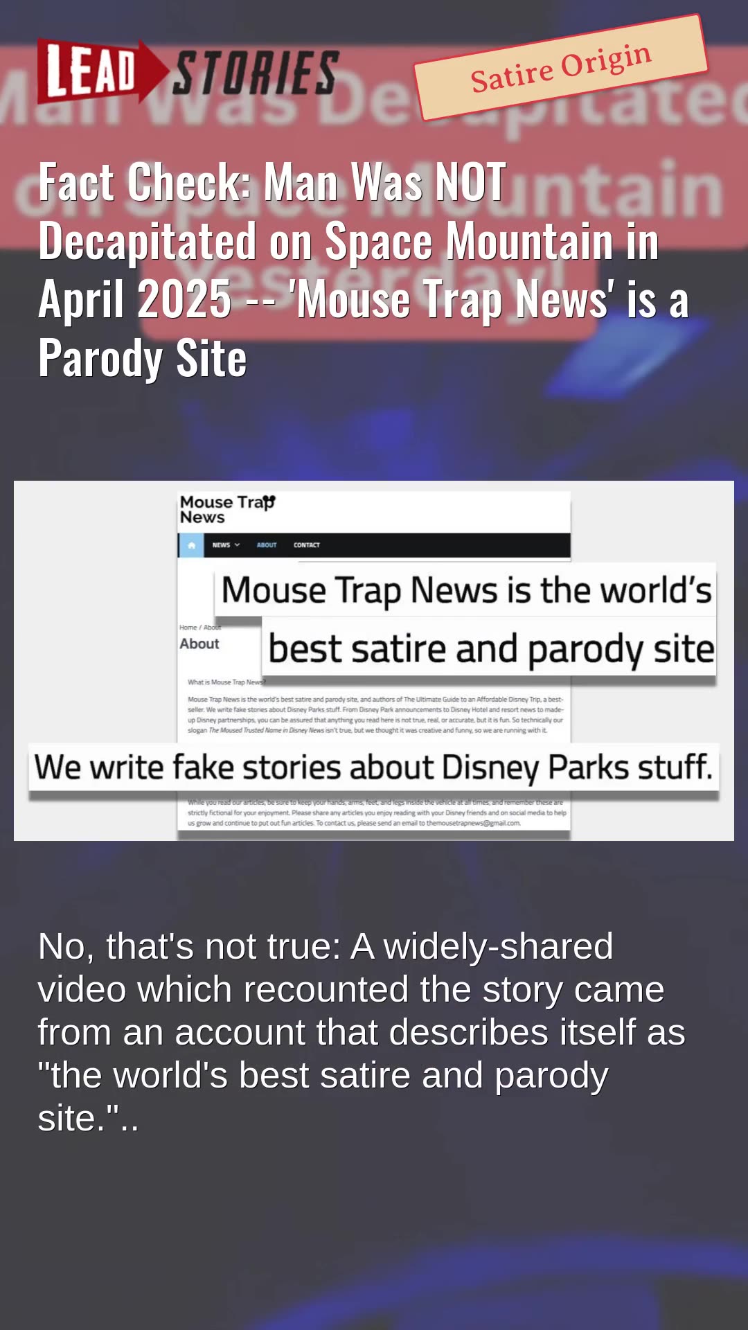 Fact Check: Man NOT Decapitated on Space Mountain in April 2025 -- Mouse Trap News Parody Site