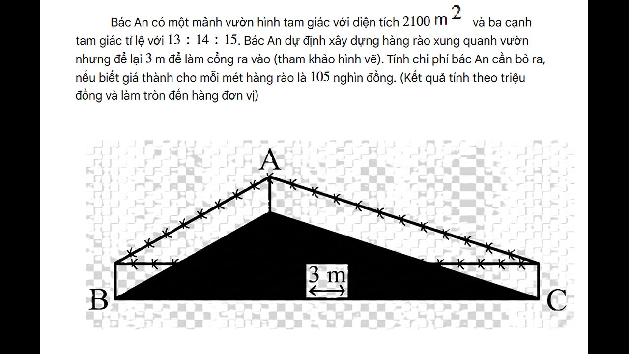 Toán 10: Bác An có một mảnh vườn hình tam giác với diện tích (2100	ext{ m}^{2}) và ba cạnh