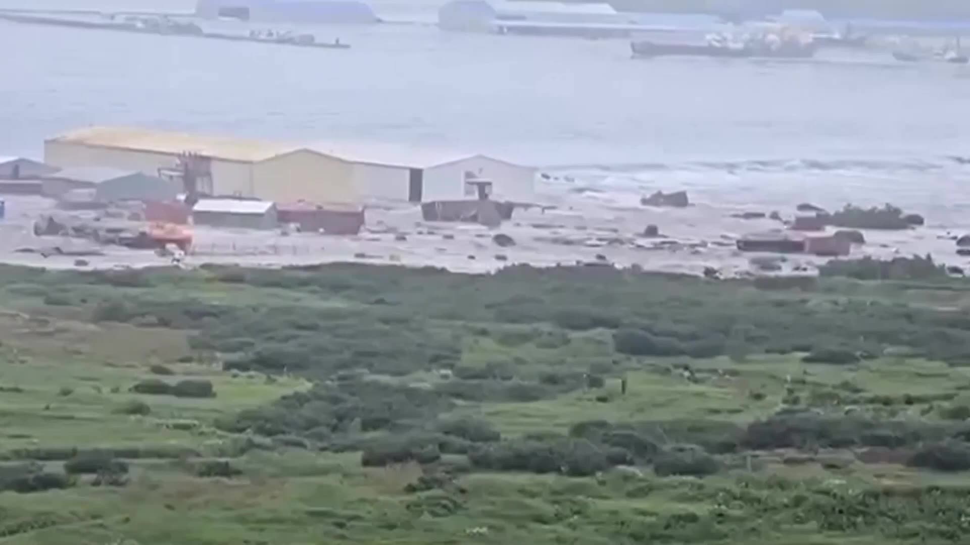 Tsunami crashes over coastline in Russias Far East region