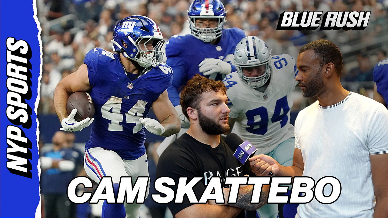 Giants Cam Skattebo reacts to his touchdown against Dallas