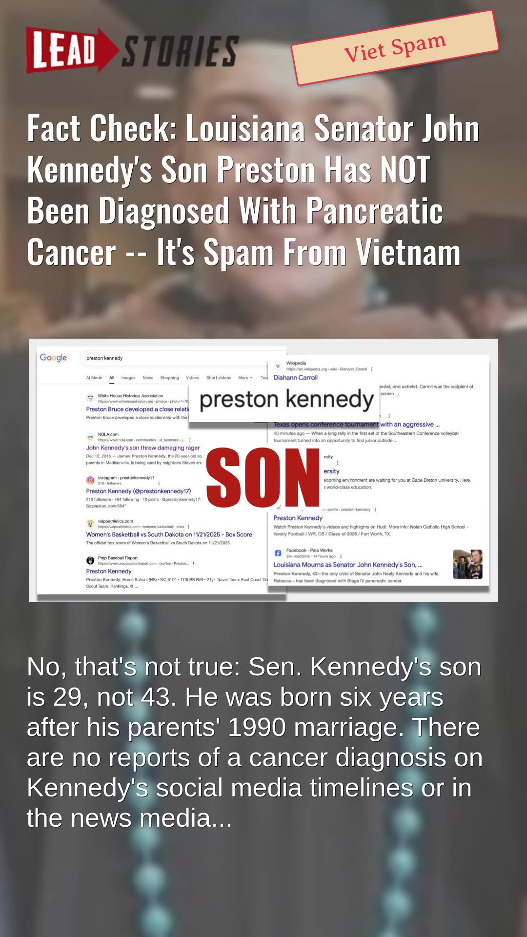Fact Check: Louisiana Senator John Kennedys Son Preston NOT Diagnosed With Pancreatic Cancer