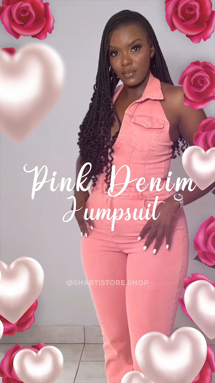 Overalls-Style High-Waist Backless Full-Length Pink Denim Jumpsuit with Washed Finish🩷