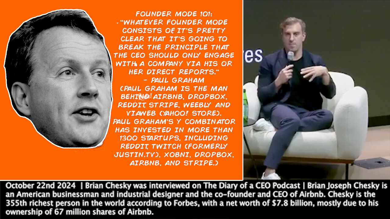 Founder Mode | AirBNB Founder, Brian Chesky + Founder Mode At Is About the Thing Principle to Be In the Details. Great Leadership Is Presence Not Absence. It Is Not Good to Hire Great People & Trust Them to Do Their Job.