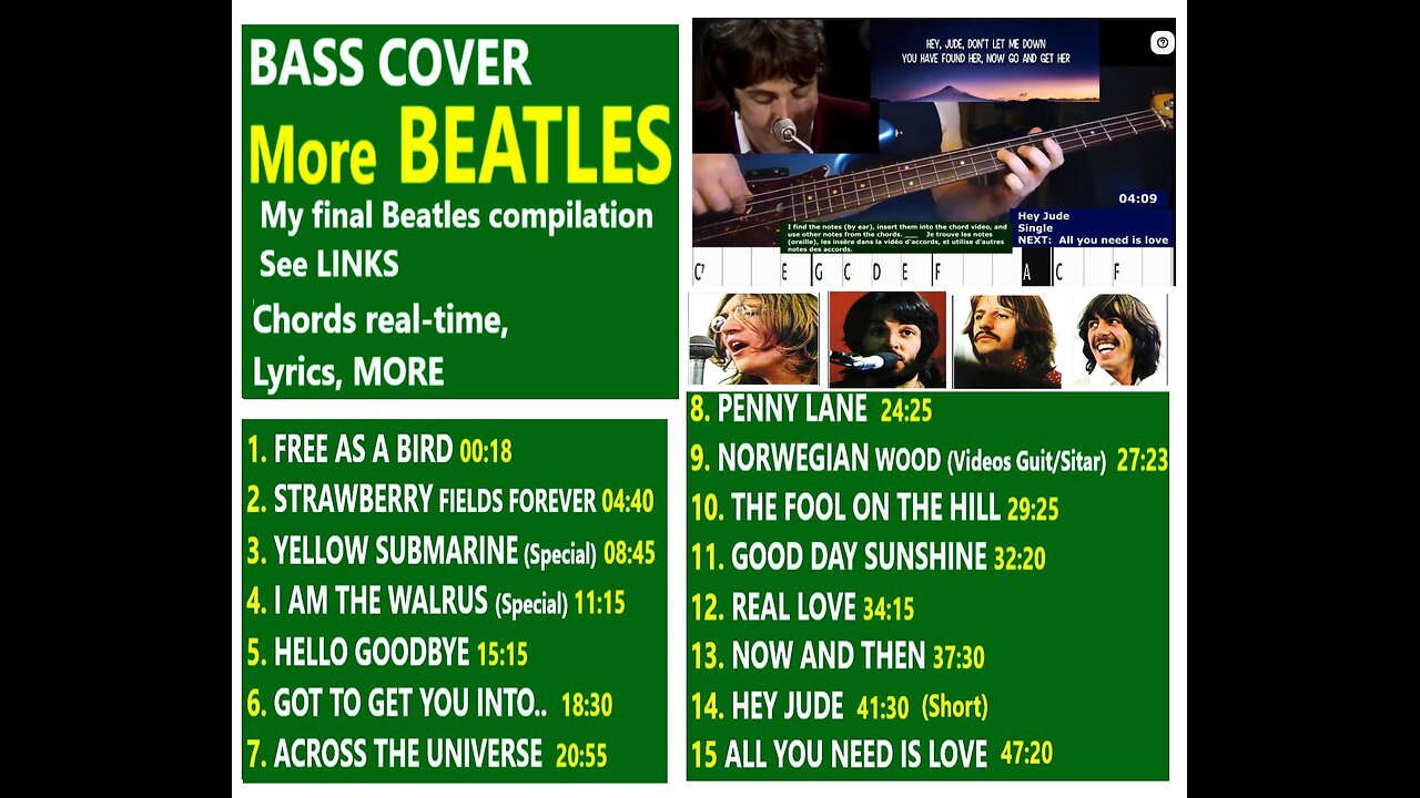 Bass cover More BEATLES _ LINKS to 900+ covers compilations _ Chords real-time, Lyrics, MORE
