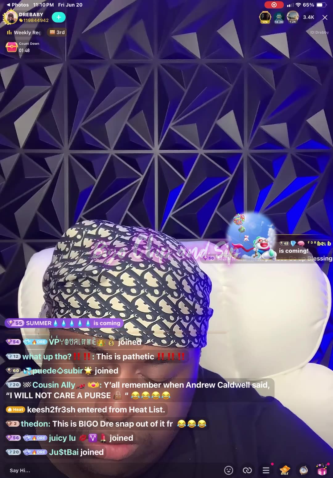 DreBaby crying awaiting king of Bigo results-things are getting a little hard 6/20/2 #bigoclipandsip