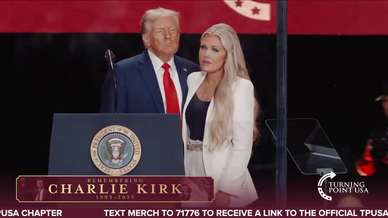 Erika Kirk joins @POTUS on stage as todays celebration of Charlie Kirks life and legacy