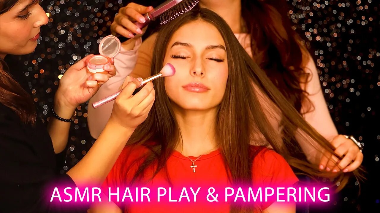 ASMR ❤️ Cute Sophia Gets Double Pampered by Jinah & Anna, Makeup & Hairbrushing Sounds, Extra Tingly