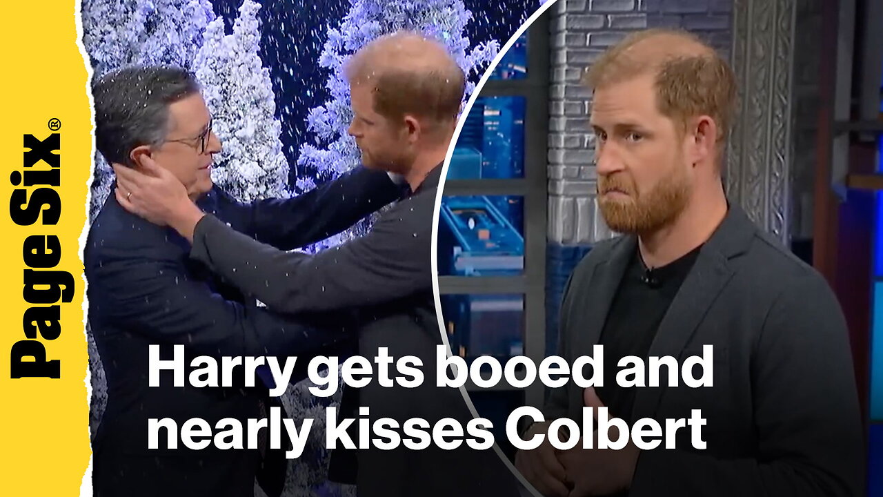 Prince Harry gets booed, nearly kisses Stephen Colbert in meme-worthy Late Show skit