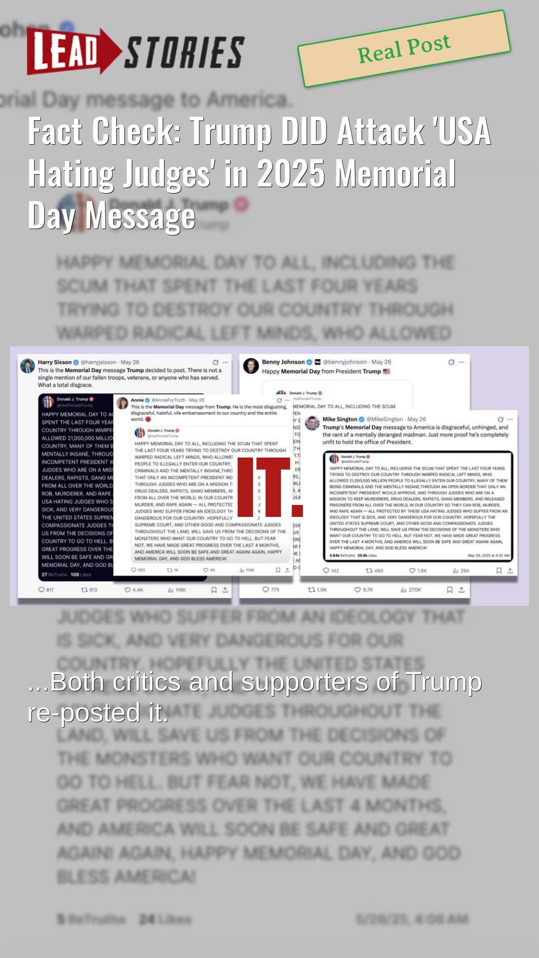 Fact Check: Trump DID Attack USA Hating Judges in 2025 Memorial Day Message