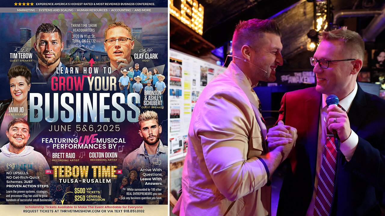 Join Tim Tebow In Tulsa, Oklahoma At Clay Clarks June 5-6 Business Growth Conference + Learn Marketing, Sales, Systems, Workflow Design, Finance, Management & More + Request TixVia Text 918-851-0102 (4 Tix Remain)