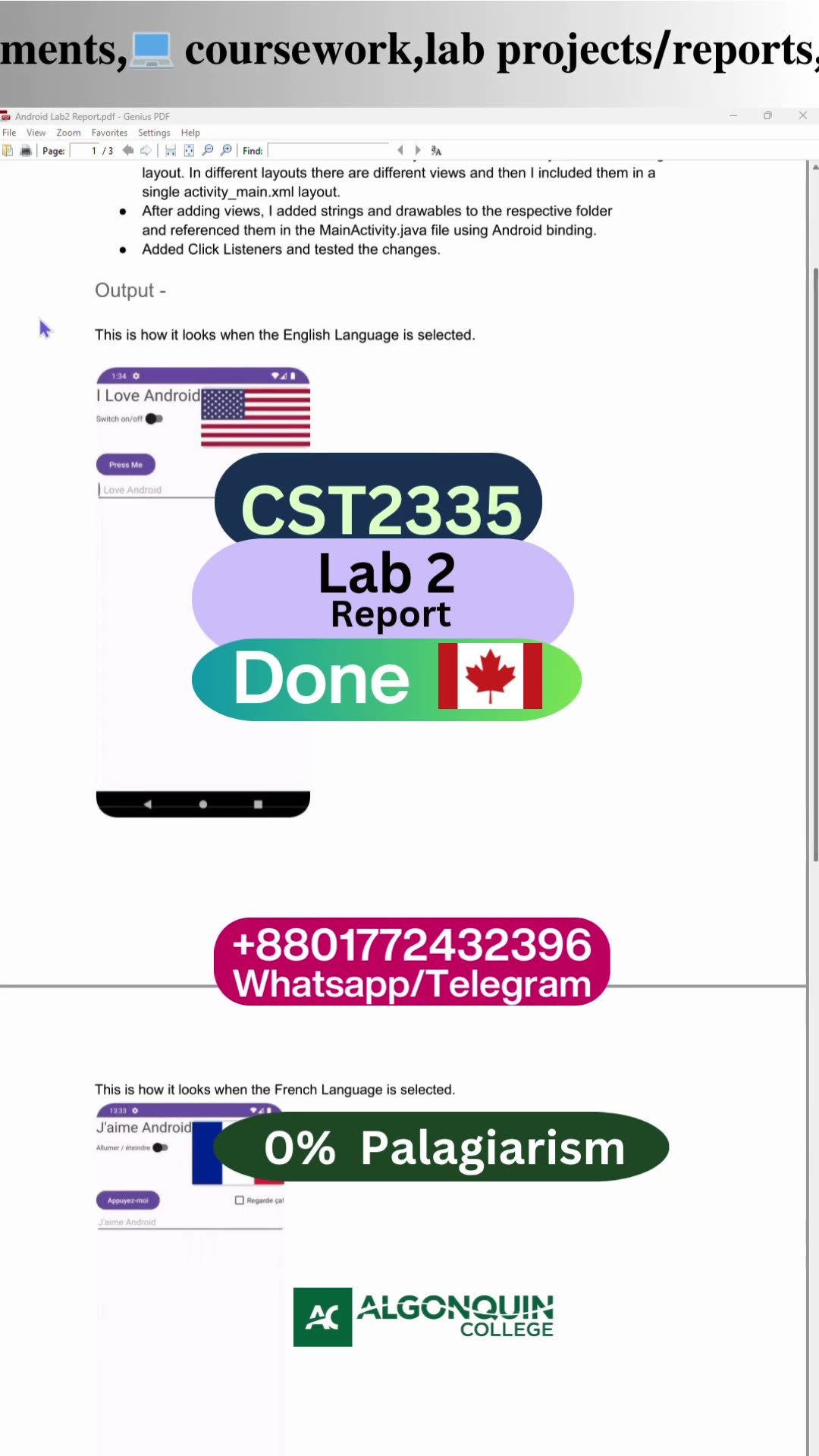 Student Work (Lab) | CST2335 Lab 2 report UI Design | Algonquin College Programming Canada