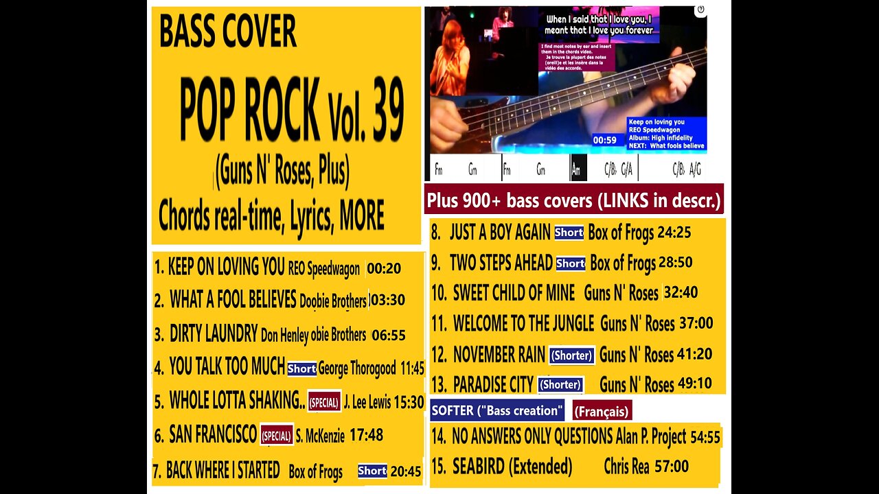 Bass cover POP ROCK vol. 39 _ Chords real-time, Lyrics _ 900+ bass covers (LINKS)